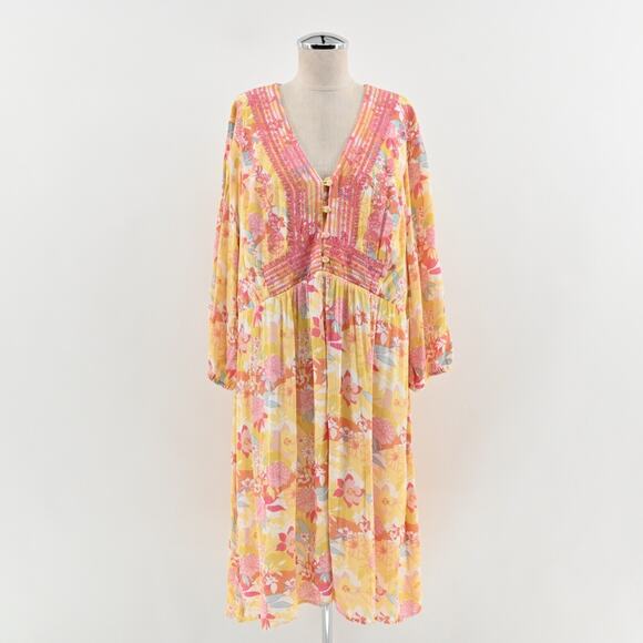 TORRID Dress Size 2X Peach Floral Print Gauze Hi-Lo VNeck Shirred Embroidery - Picture 1 of 15